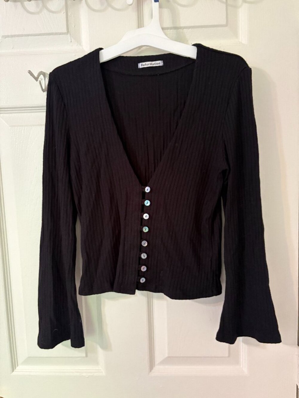Reformation Black Ribbed Short-Sleeve Button-Front Top Long Sleeve